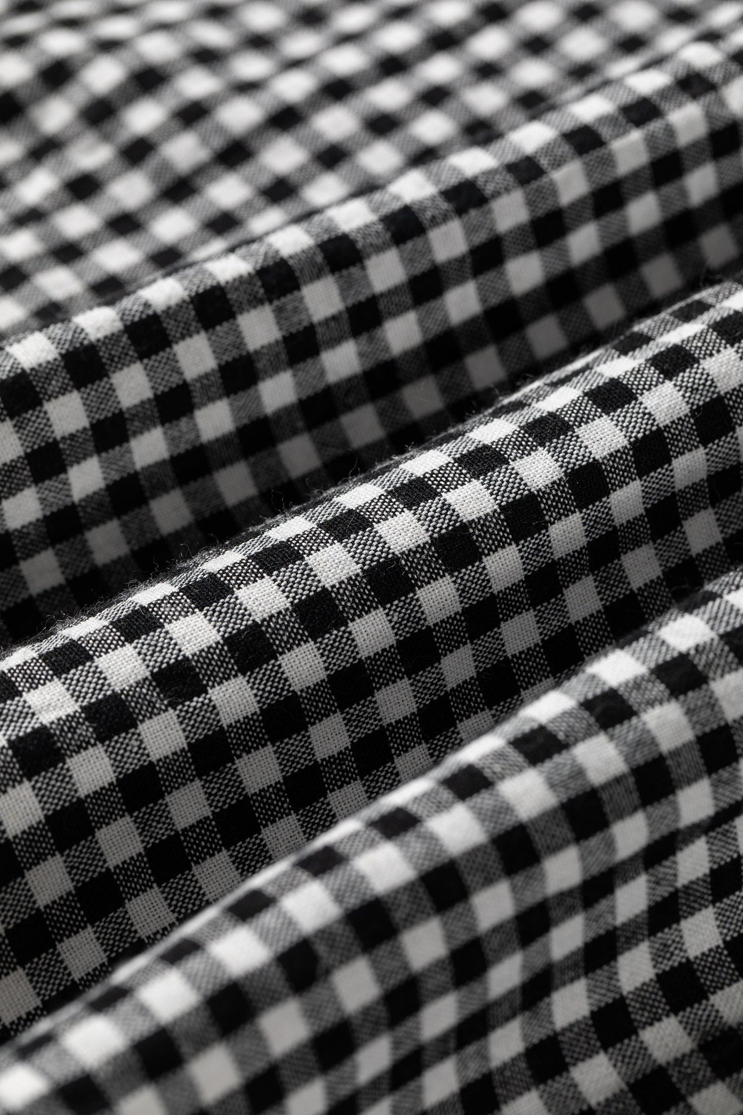Gingham Shirred Cuff Long Sleeve Round Neck Blouse