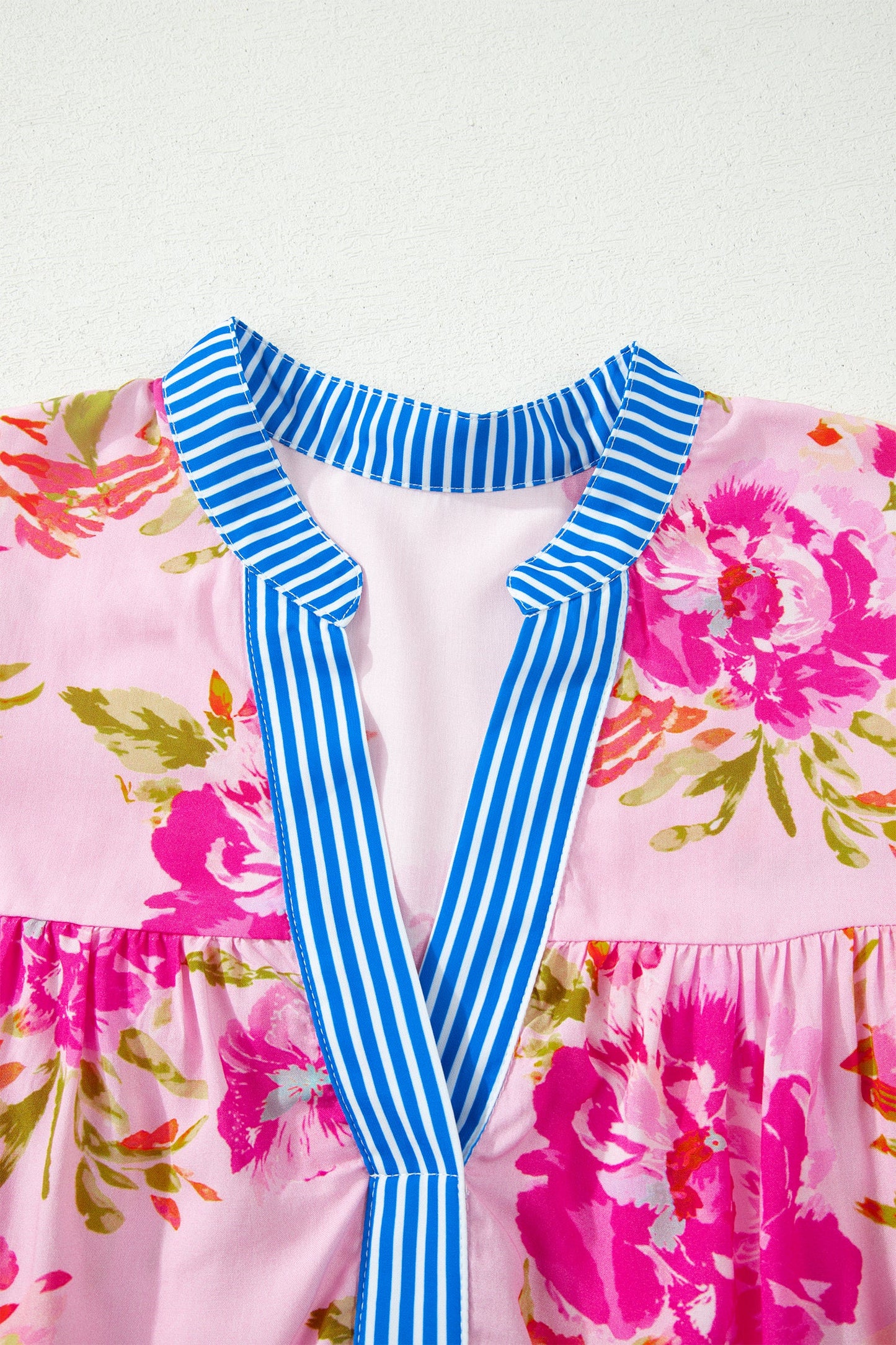 Floral 3/4 Sleeve Stripe Trim V-Neck Blouse