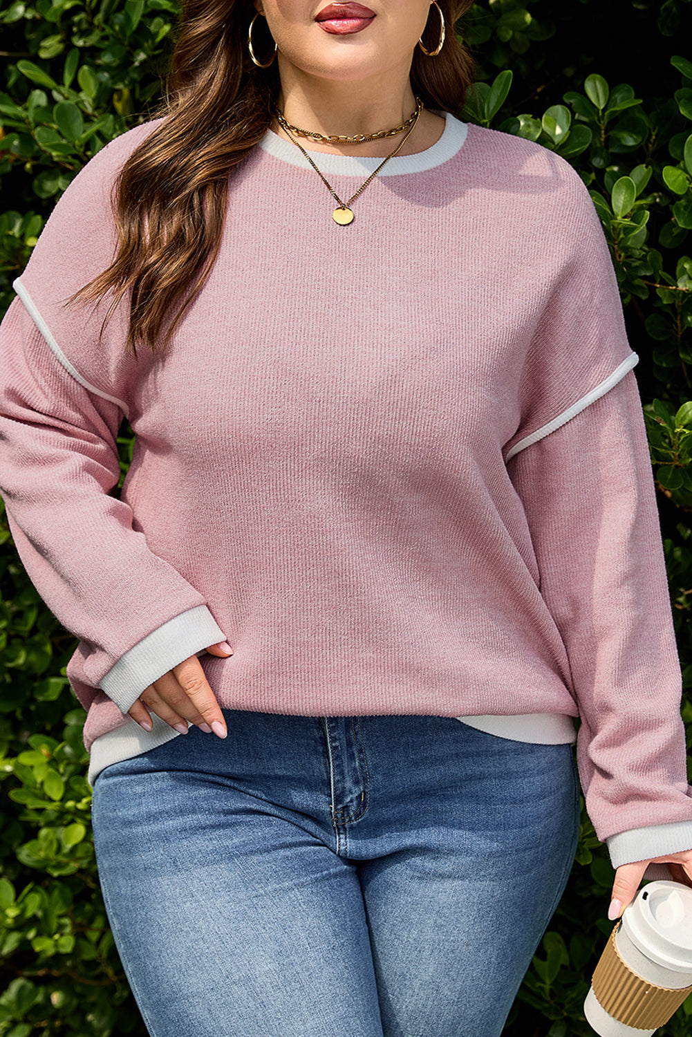 Plus Size Contrast Trim Drop Shoulder Top