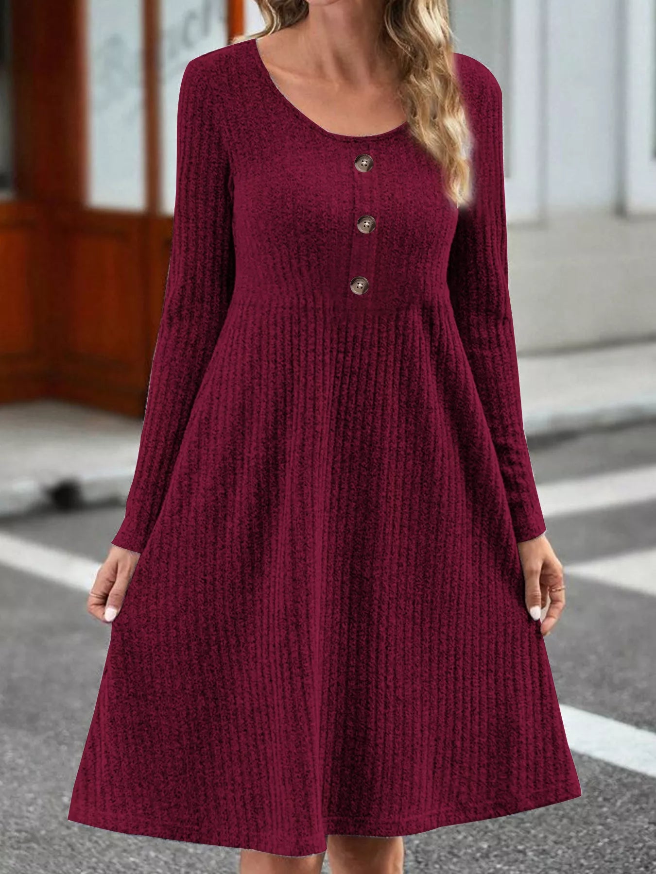 Ribbed Knit Long Sleeve A-Line Dress