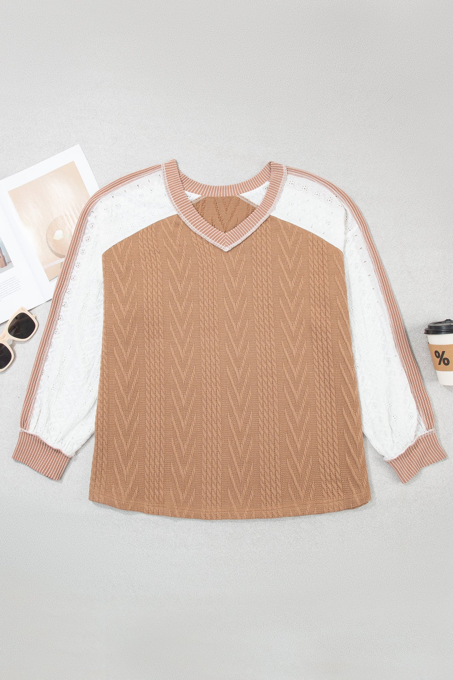 Plus Size Colorblock Lace Patchwork Long Sleeve Blouse
