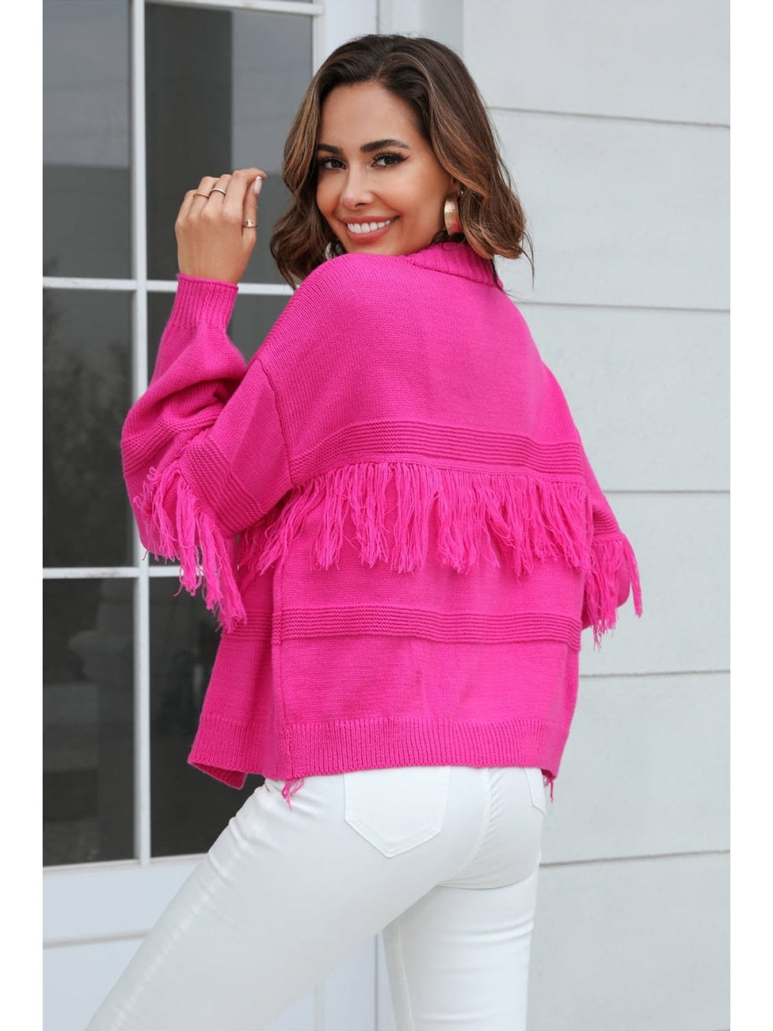 Women Double Take Fringe Trim Open Front Cardigan Sweater