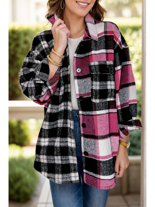 Women Pocketed Plaid Collared Neck Long Sleeve Shacket