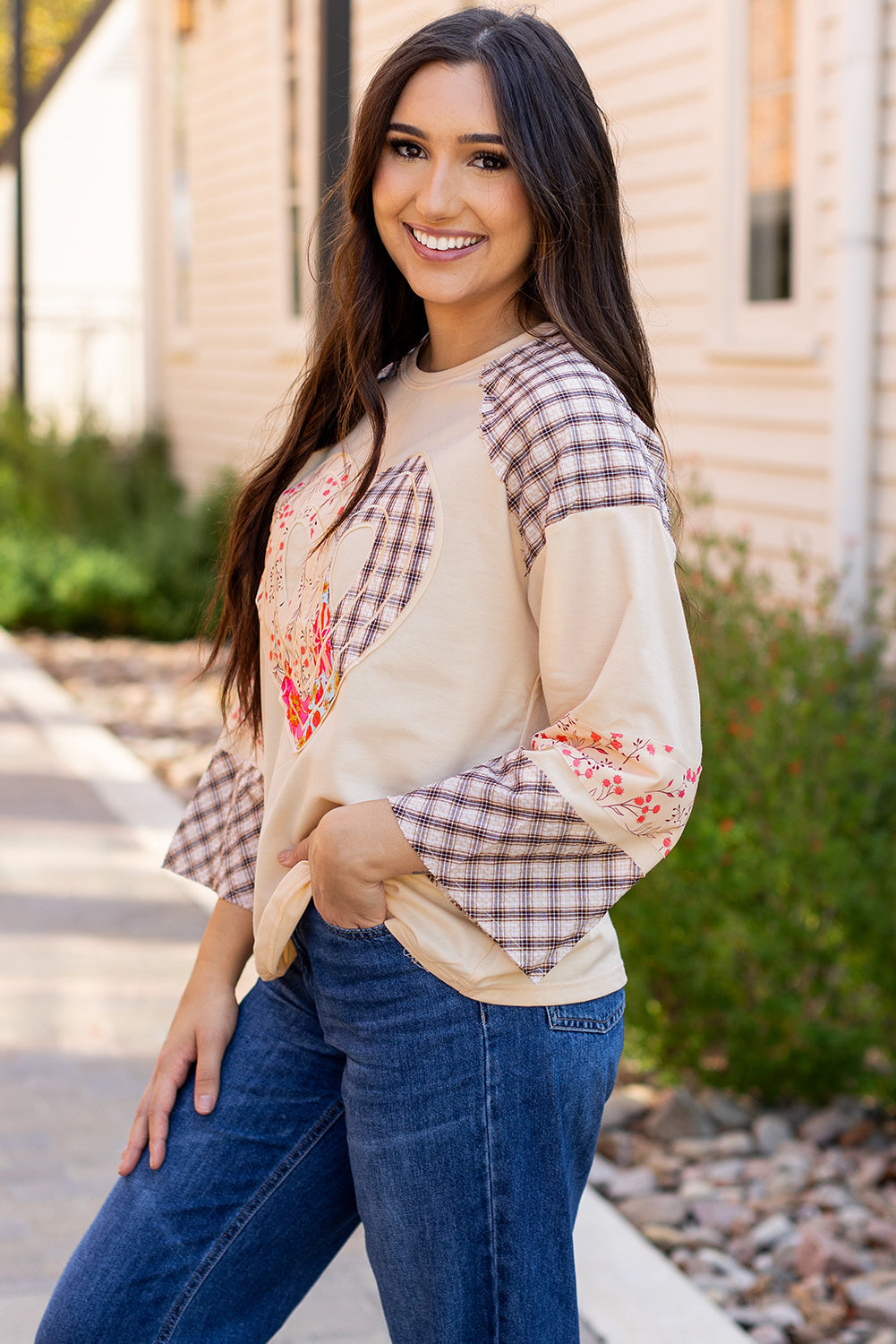 Valentine Heart Plaid Floral Patchwork Long Sleeve Top