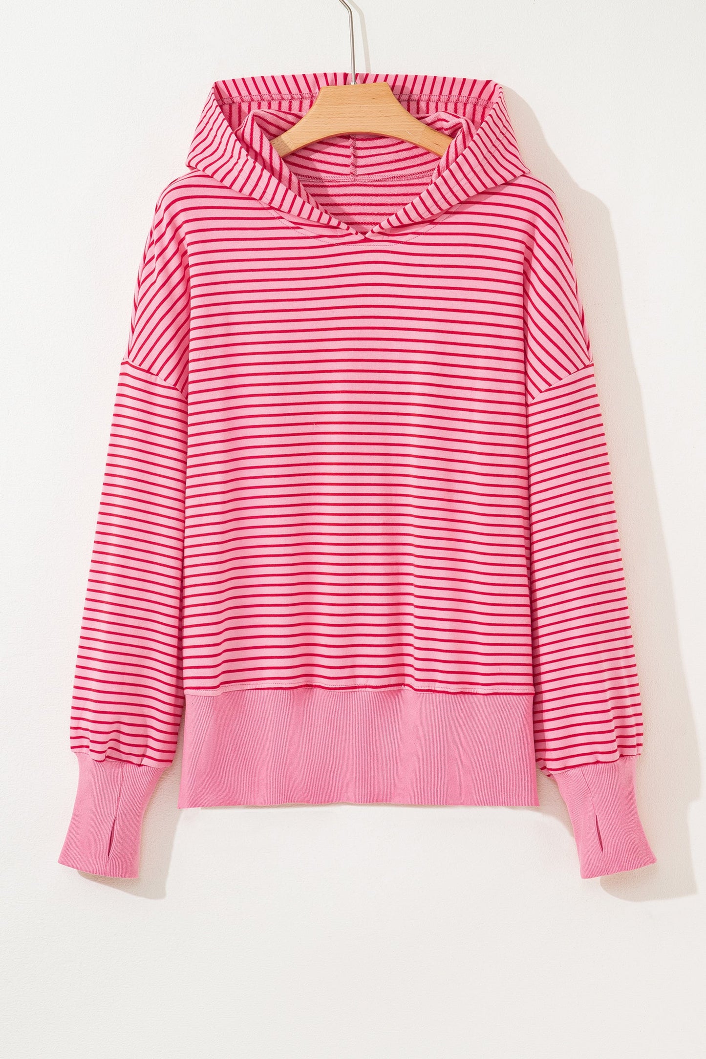 Stripe Thumbhole Sleeve Side Slit Drop Shoulder Hoodie