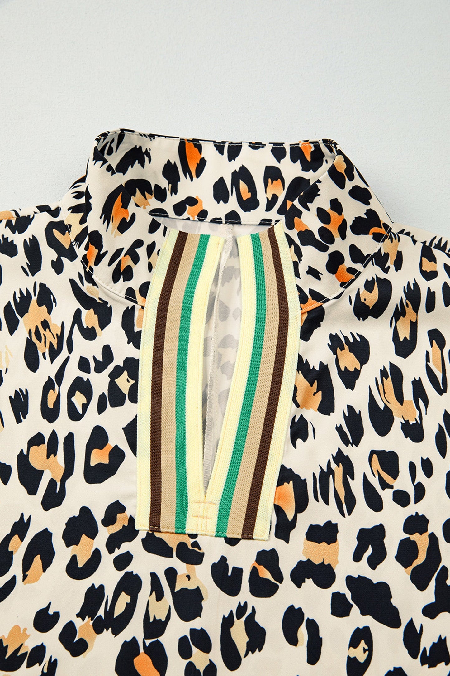 Leopard Colorblock Contrast V-Neck Short Sleeve Blouse