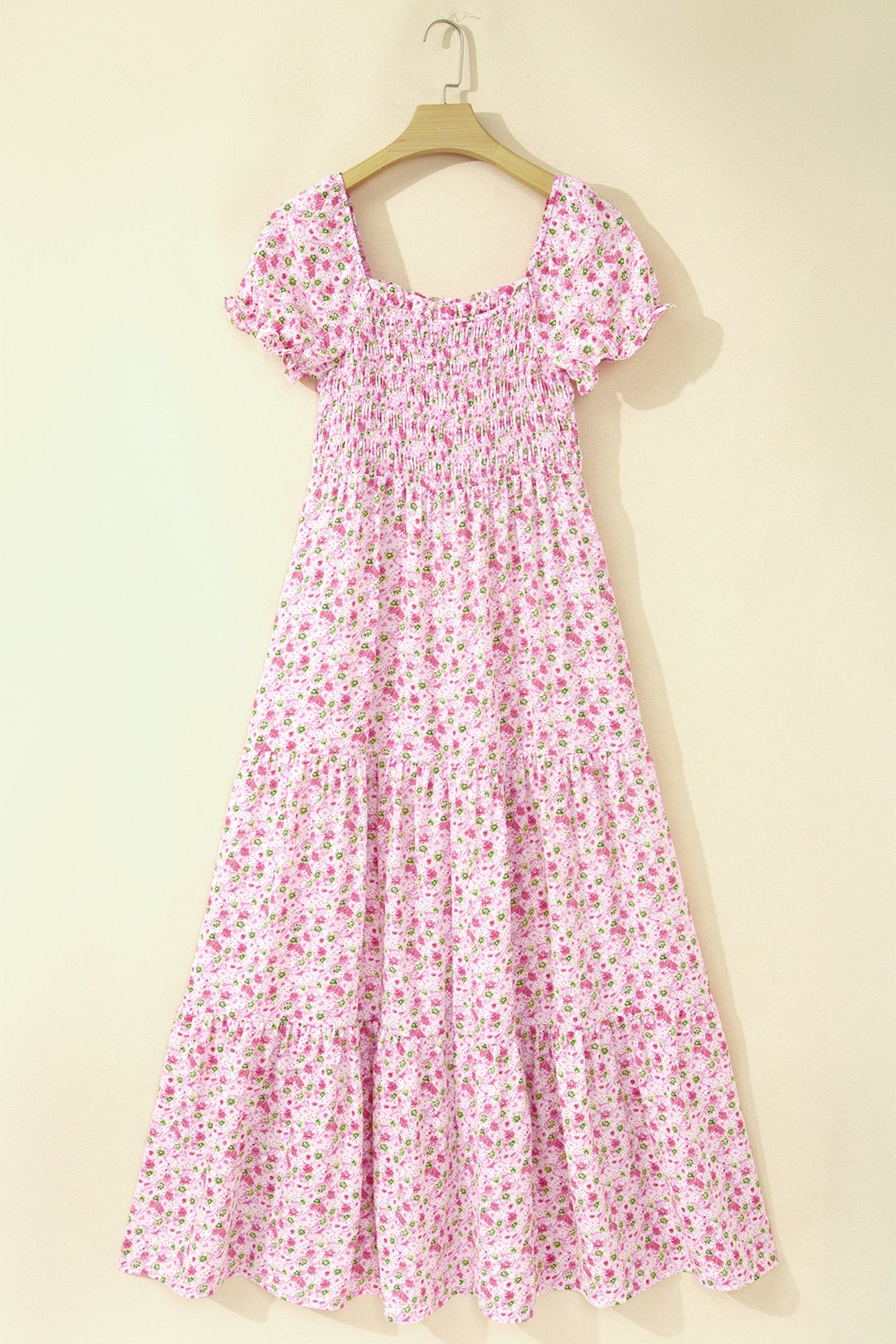 Floral Bubble Sleeve Shirred Waist Maxi Dress