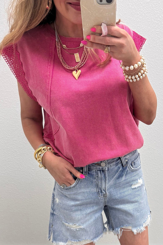 Mineral Wash Raw Seam Lace Cap Sleeve Top