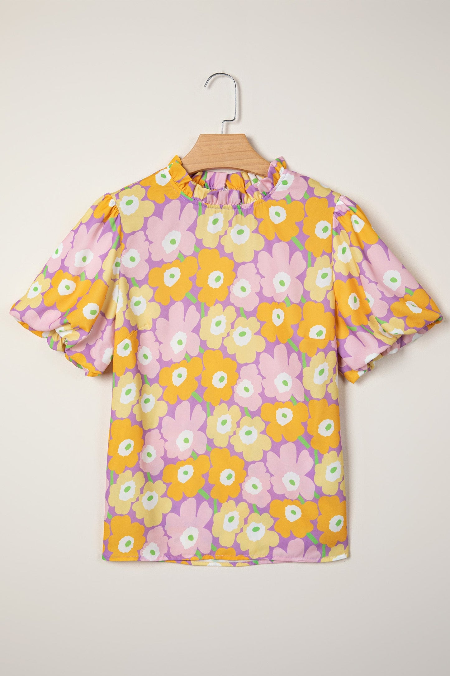 Floral Frilled Neck Puff Short Sleeve Top