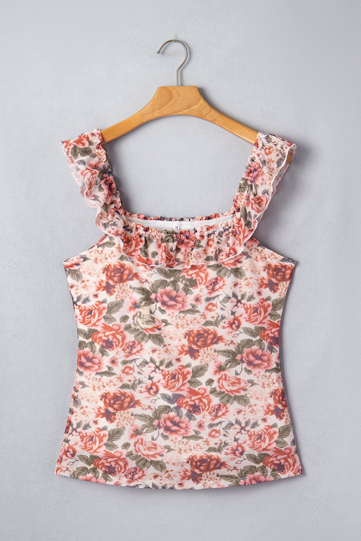 Floral Mesh Ruffle Square Neck Tank Top