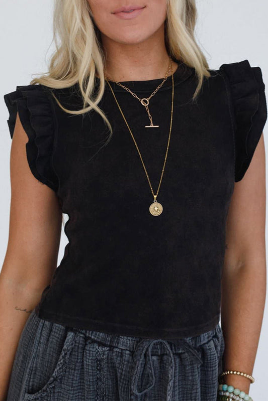 Solid Ruffle Sleeve Crewneck Top