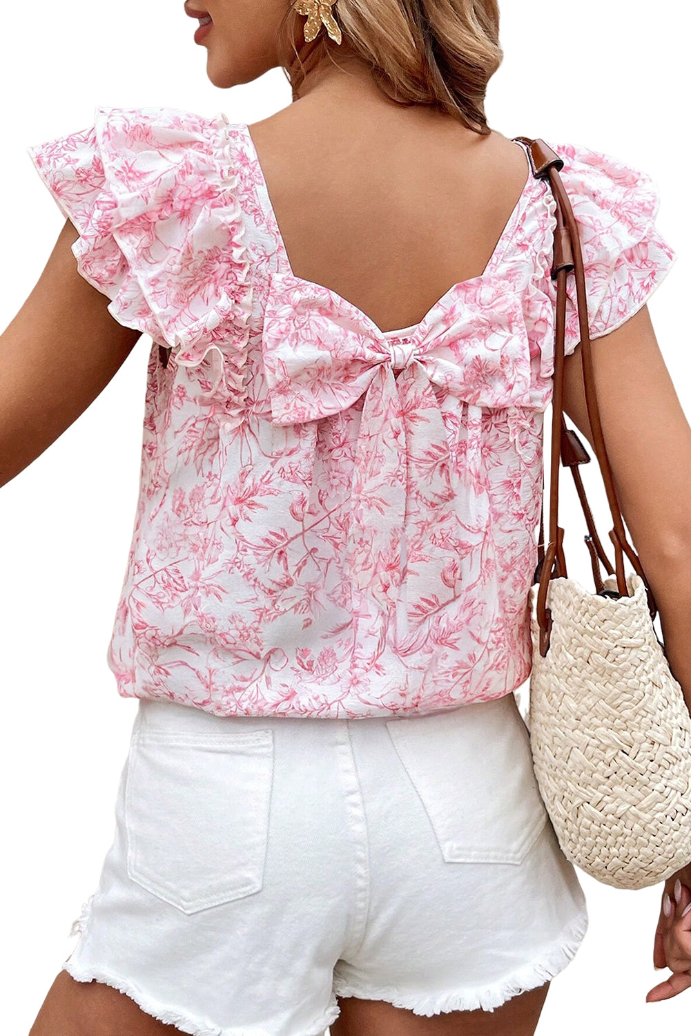 Floral Bow Back Ruffle Sleeve Blouse