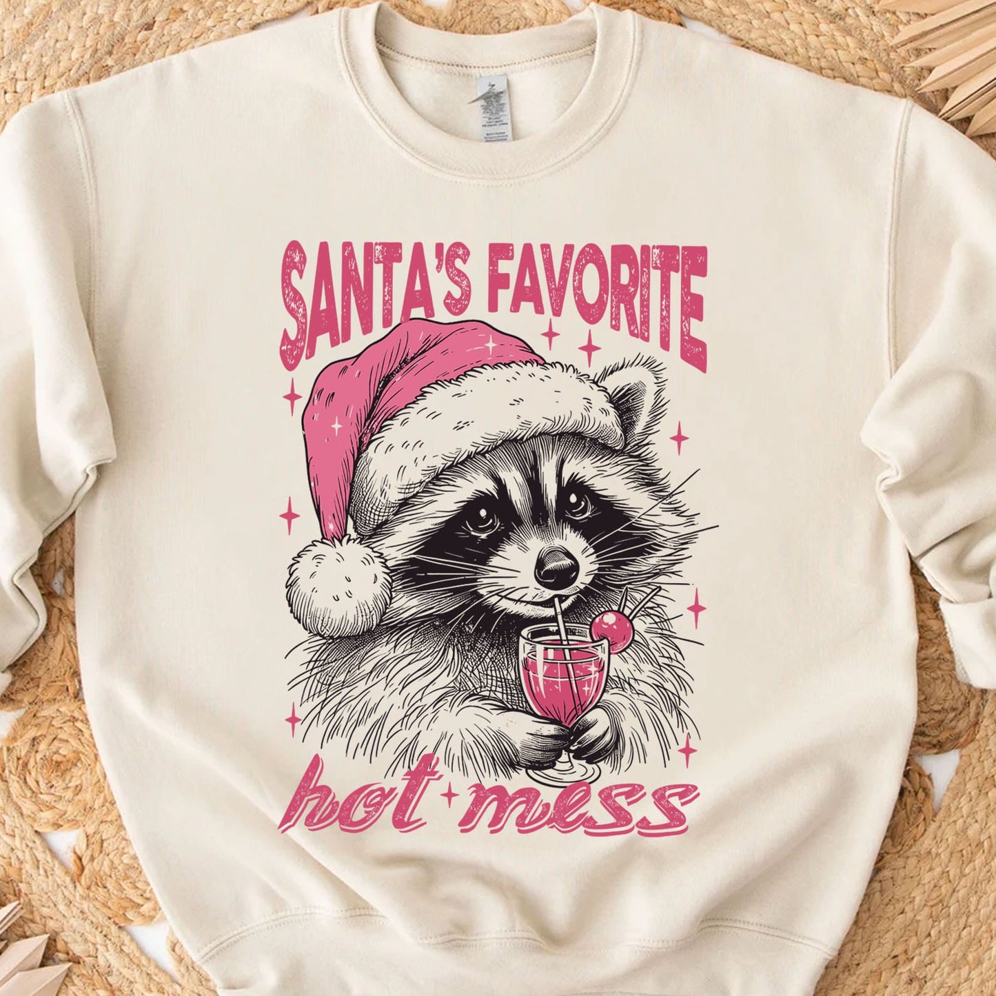 Santa's Favorite Hot Mess Shirt, Funny Christmas Raccoon Sweater, Trendy Pink Christmas Sweatshirt T1640