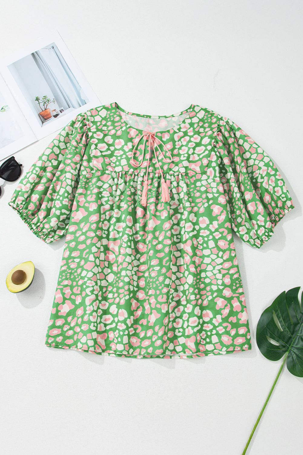 Plus Size Abstract Leopard Tassel Tie Blouse