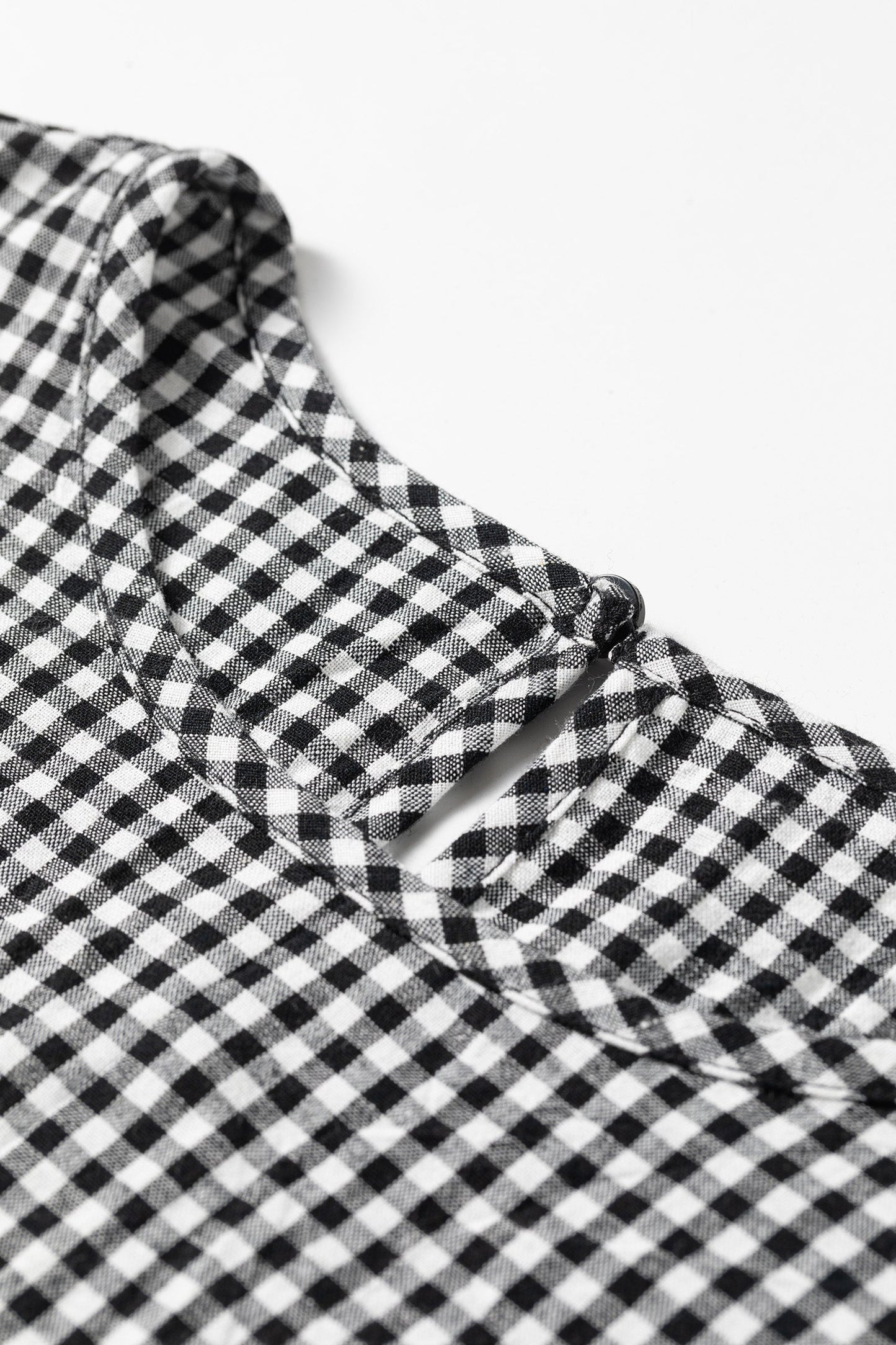 Gingham Shirred Cuff Long Sleeve Round Neck Blouse