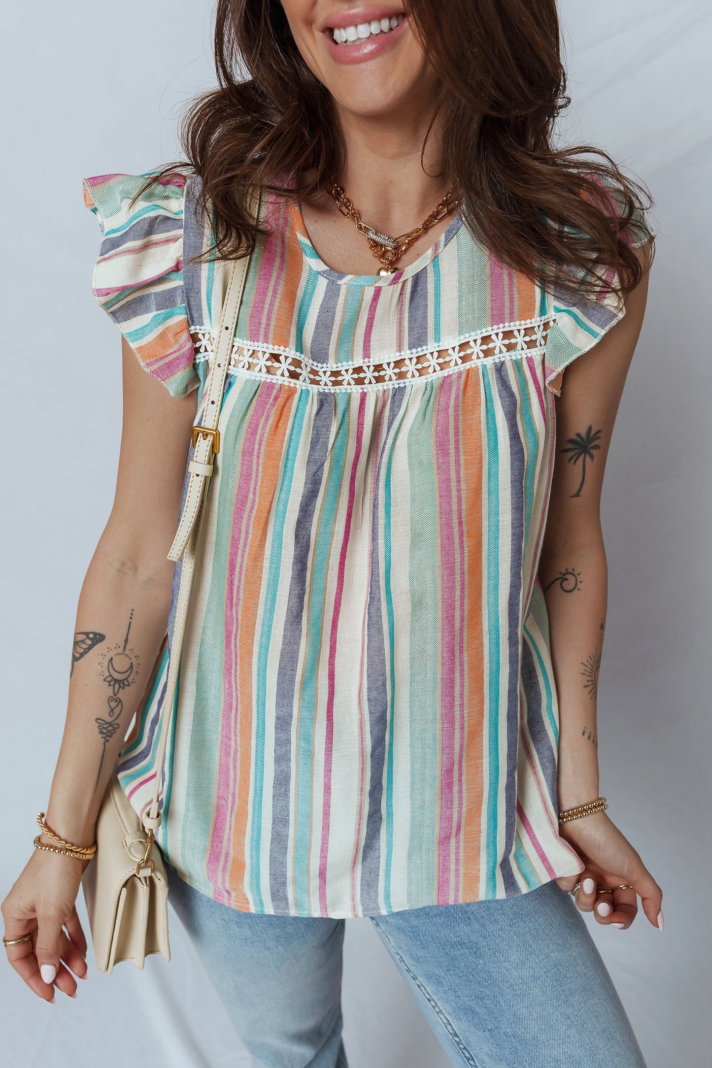 Stripe Daisy Lace Trim Flutter Sleeve Blouse