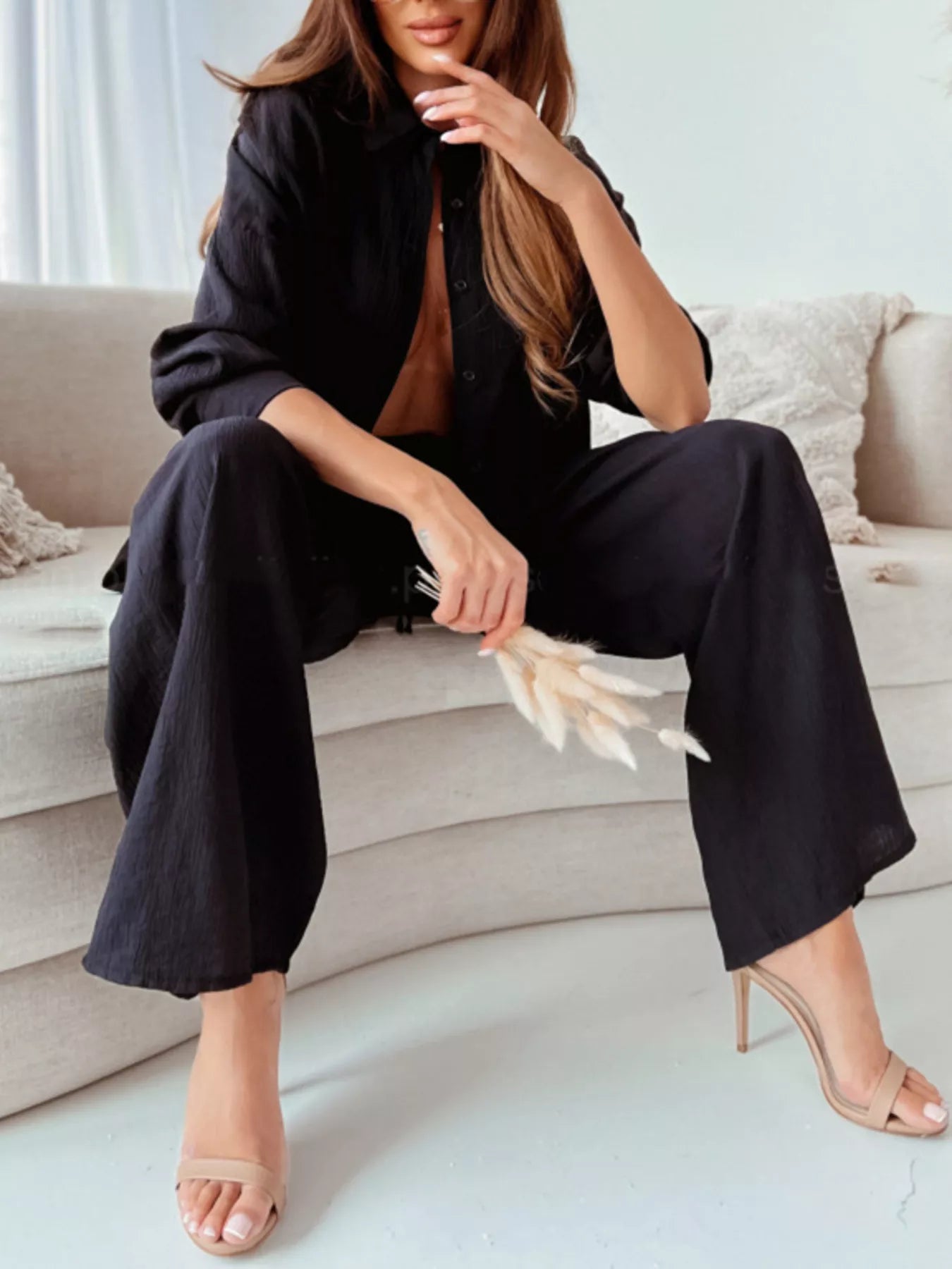 Full Size Button Up Shirt and Pants Set Plus Size