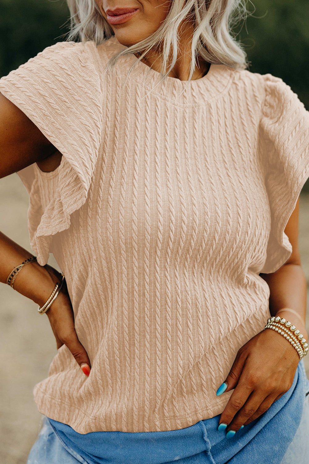 Solid Cable Textured Flutter Sleeve Top