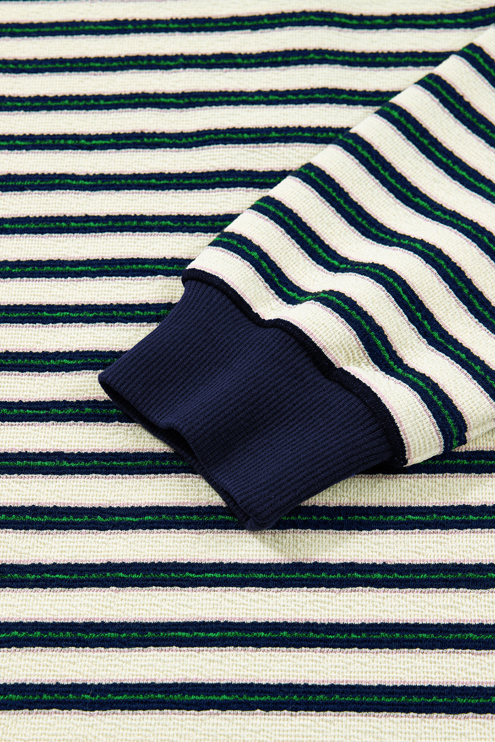 Stripe Contrast Trim Collared Zip Long Sleeve Top