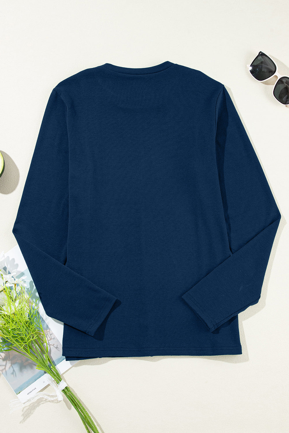 Solid Exposed Seam Crew Neck Long Sleeve Top