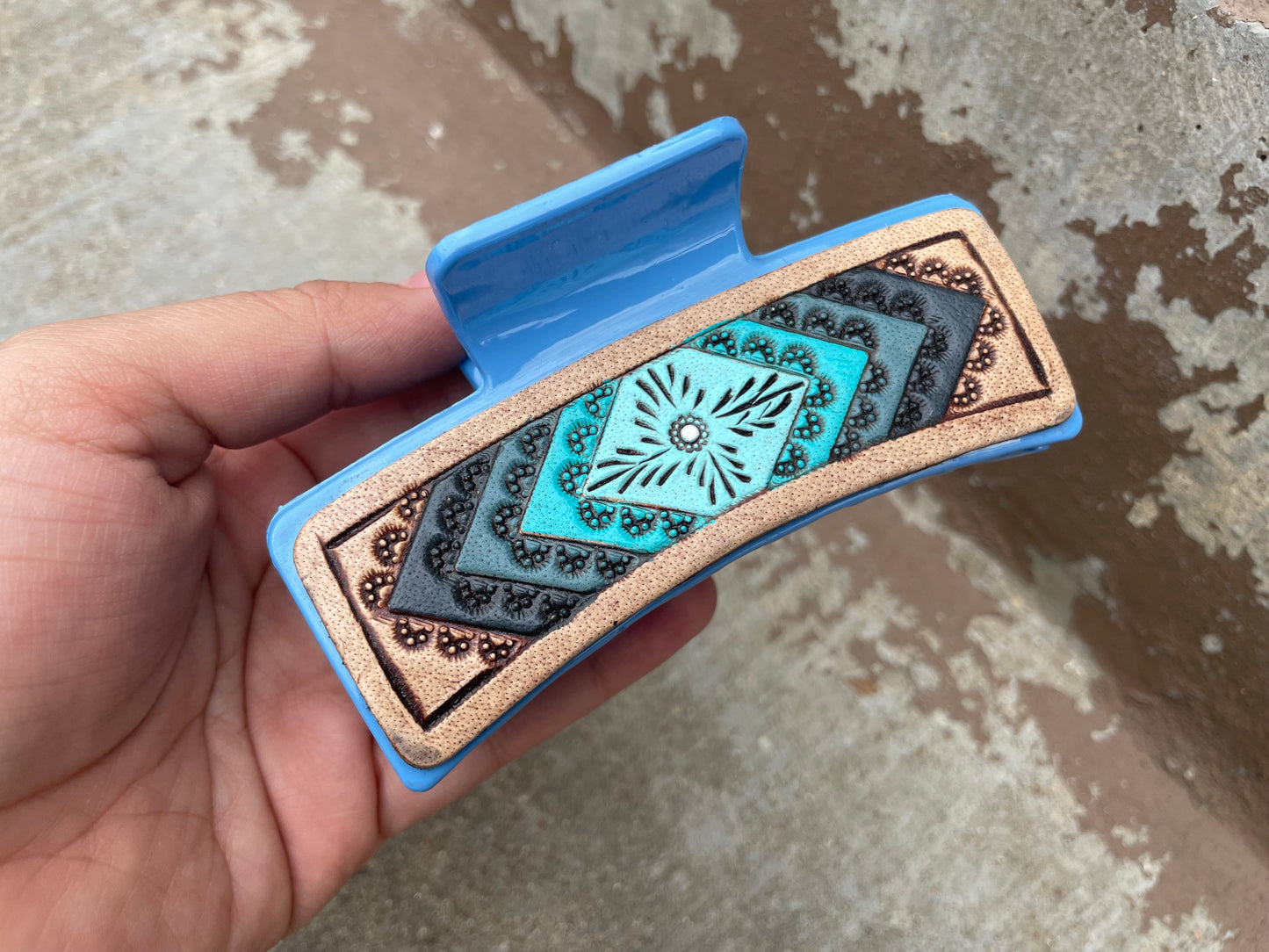 Aztec Blue Tooled Leather Hair Claw Clips 4”