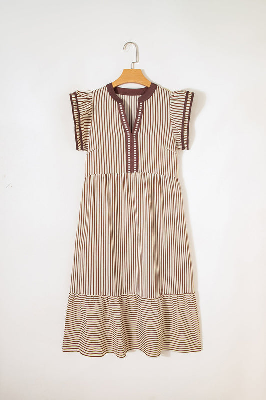 Stripe Ruffle Short Sleeve V-Neck Midi Dress