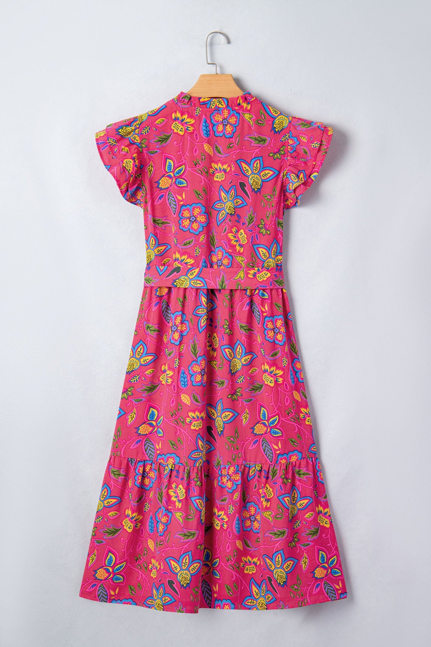 Floral Flutter Sleeve V-Neck Belted Midi Dress