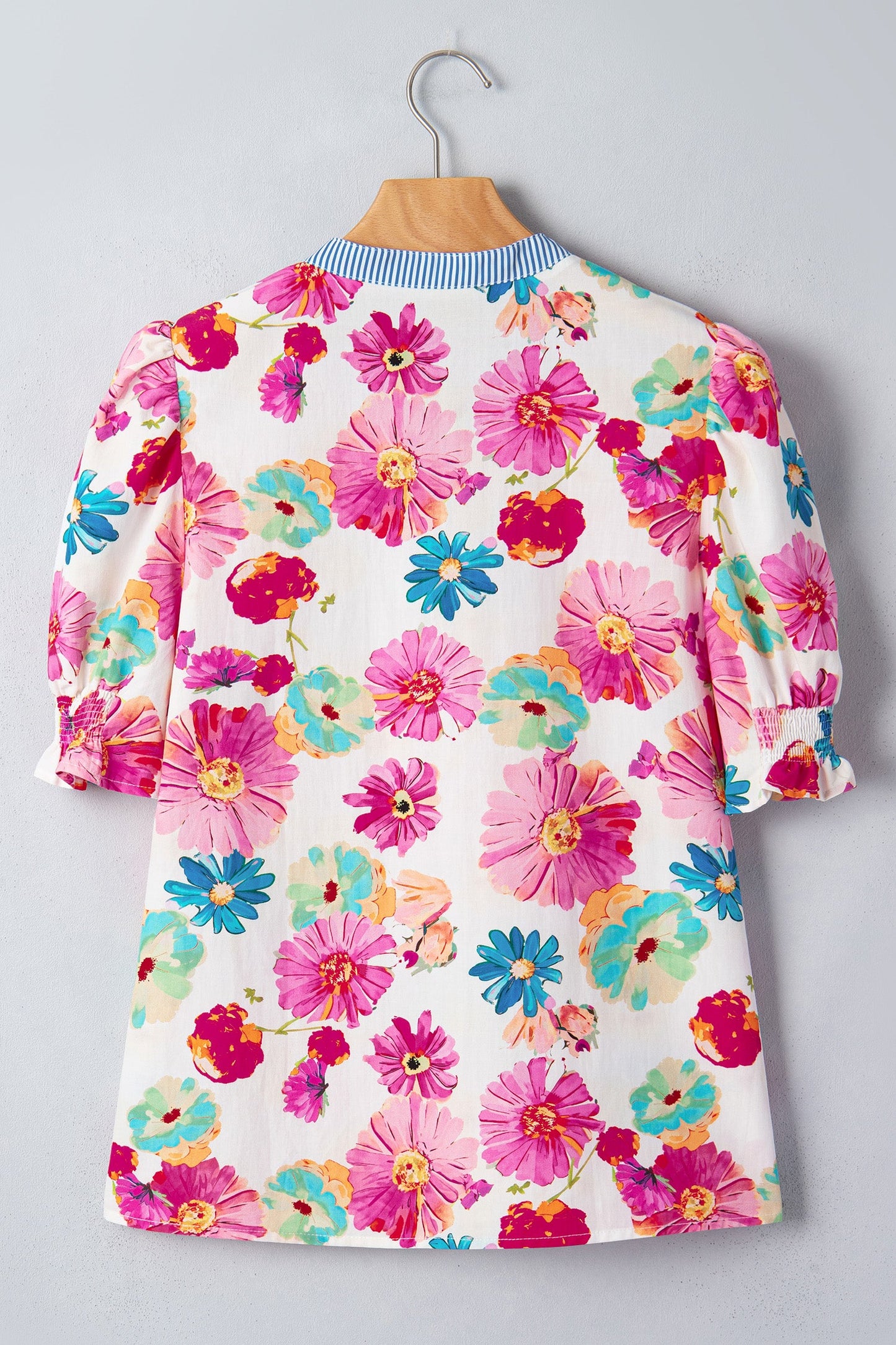 Floral Stripe Trim V-Neck Puff Sleeve Blouse