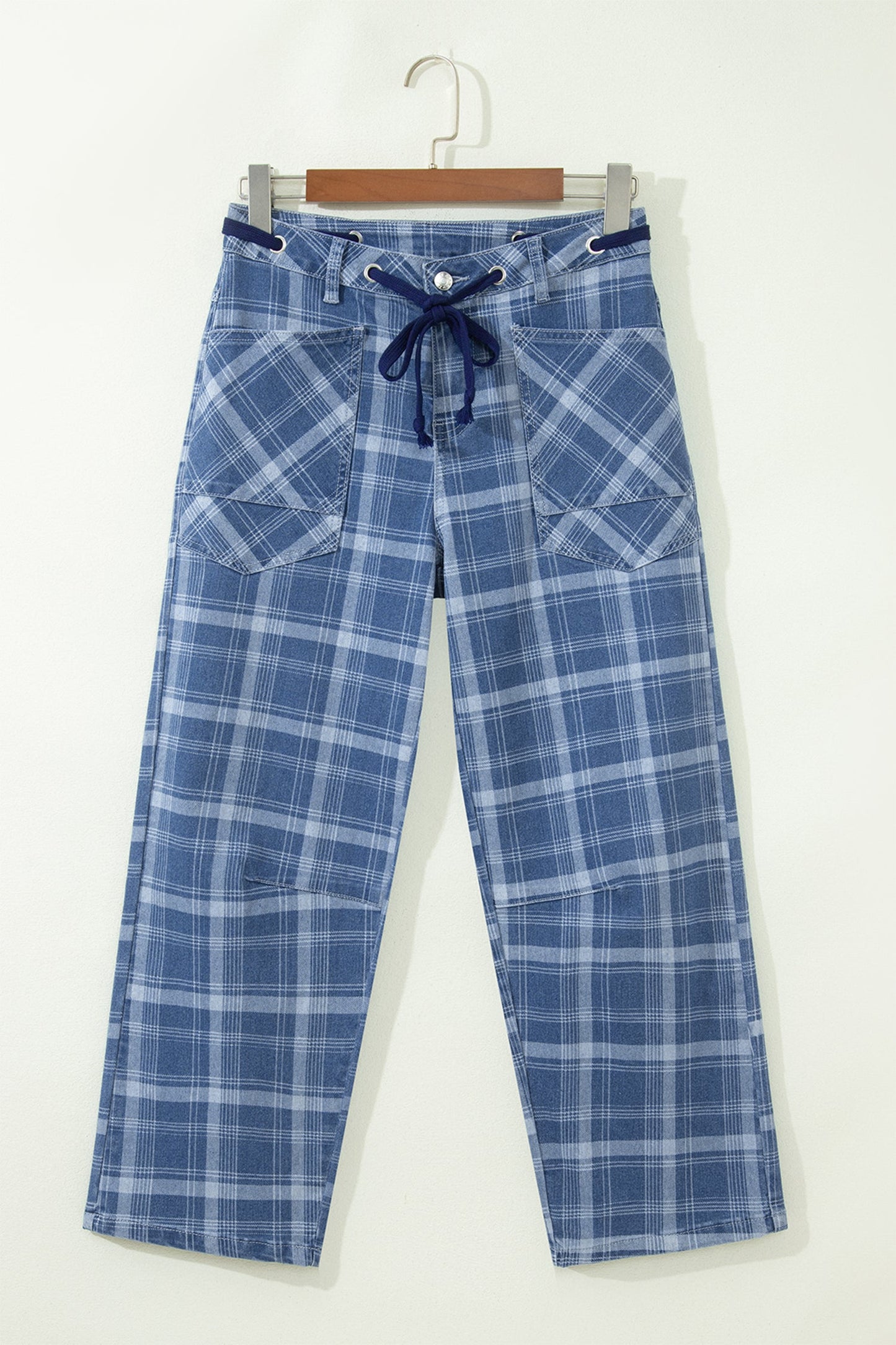 Denim Plaid Grommet Drawstring Waist Jeans