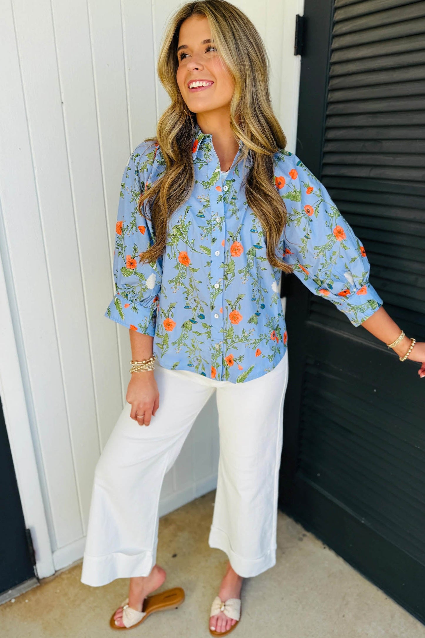 Floral 3/4 Sleeve Button Down Collared Blouse