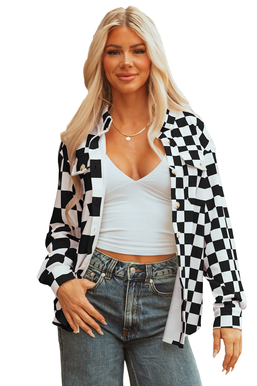 Checker Flap Pocket Button Front Shacket