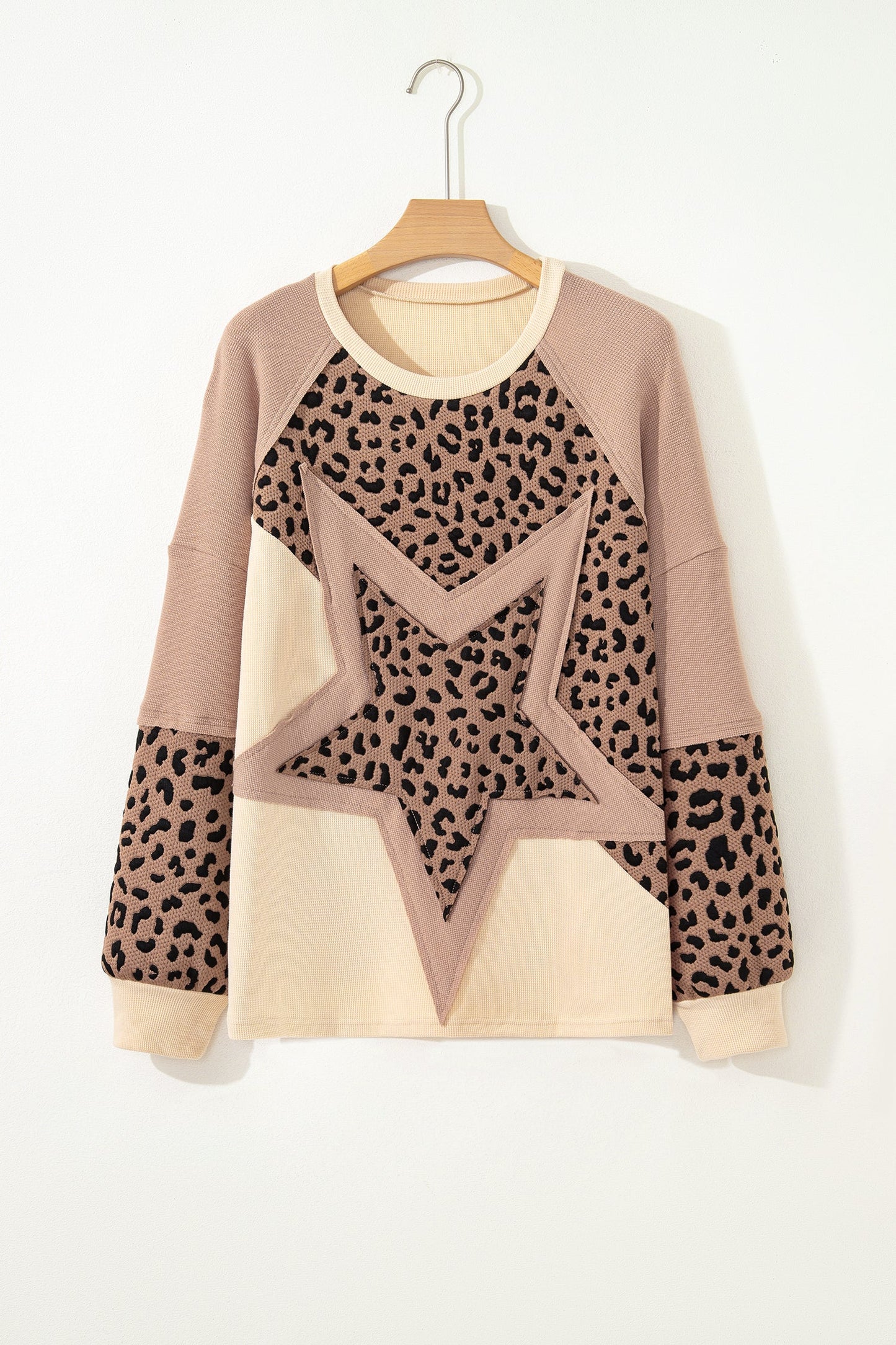 Leopard Star Colorblock Patchwork Textured Baggy Sweatshirt
