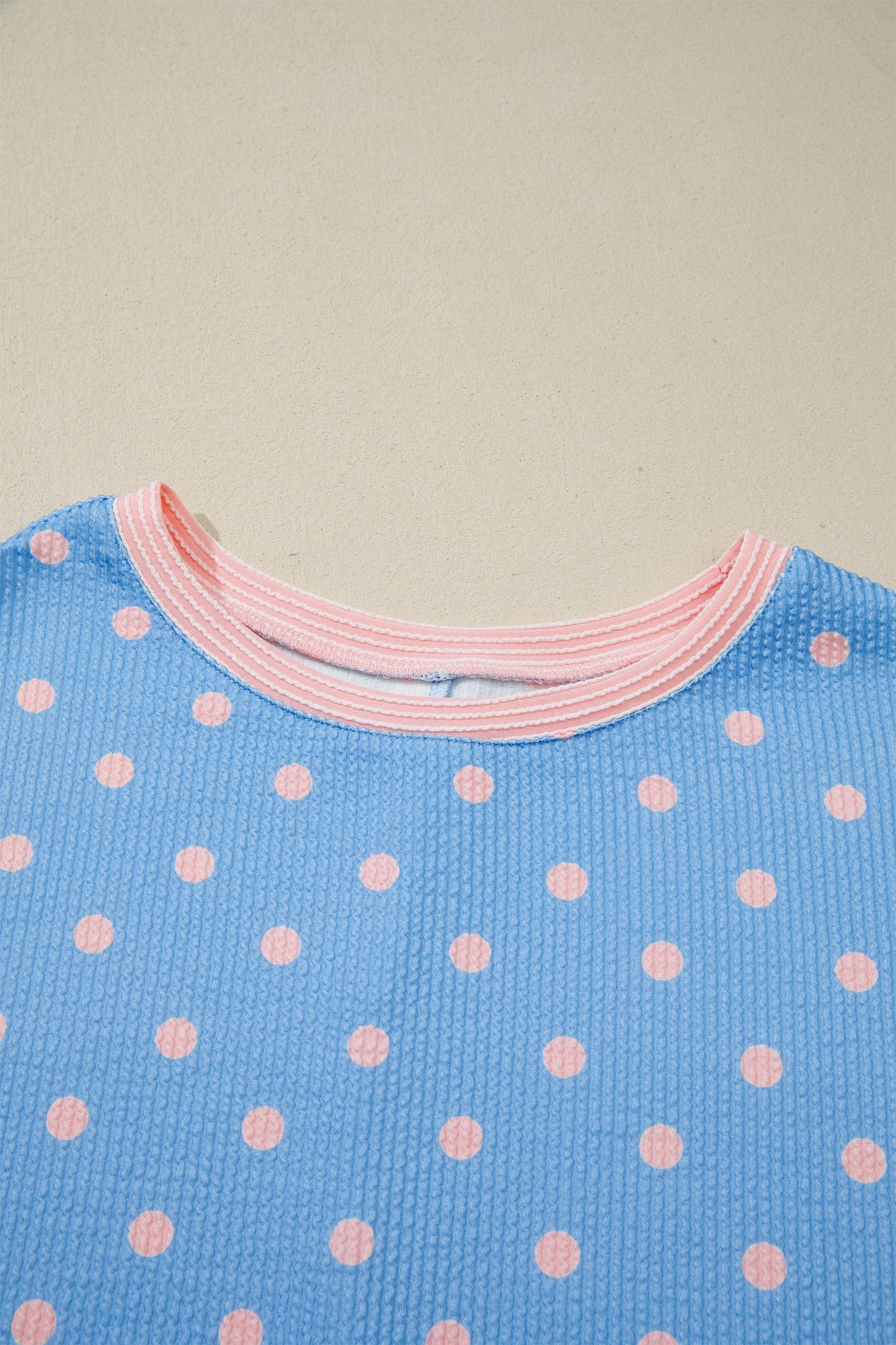 Polka Dot Raised Rib Cuffed Short Sleeve Top
