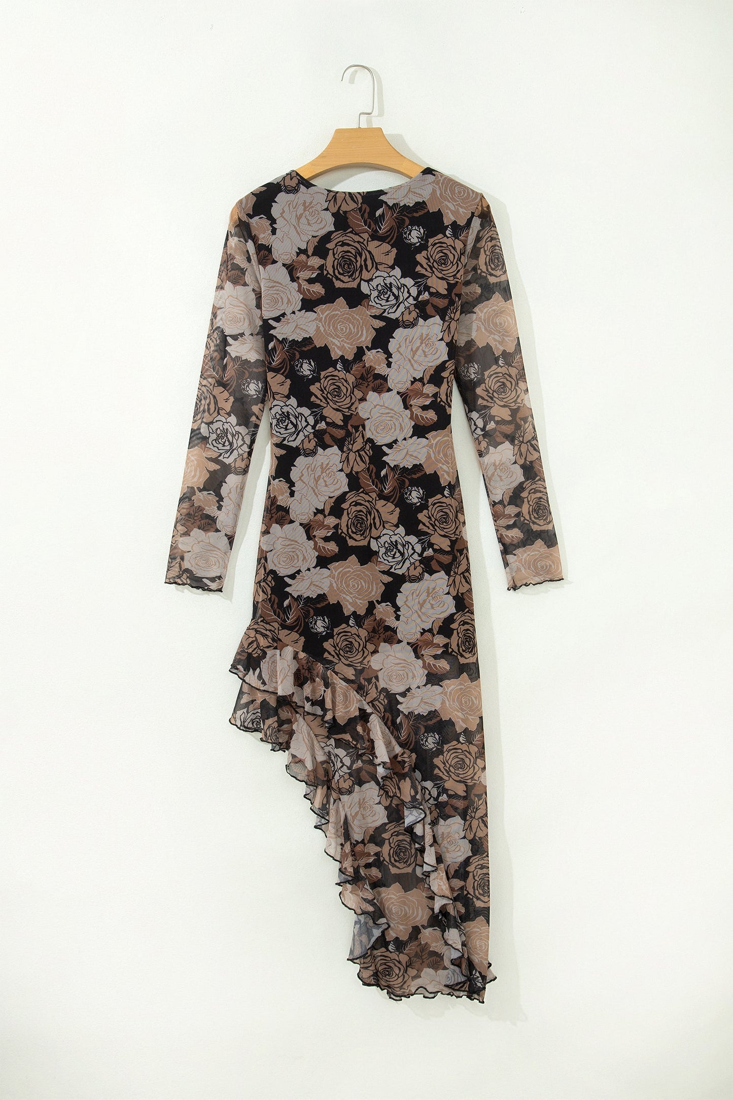 Floral Long Sleeve Asymmetric Ruffle Split Hem Mesh Dress
