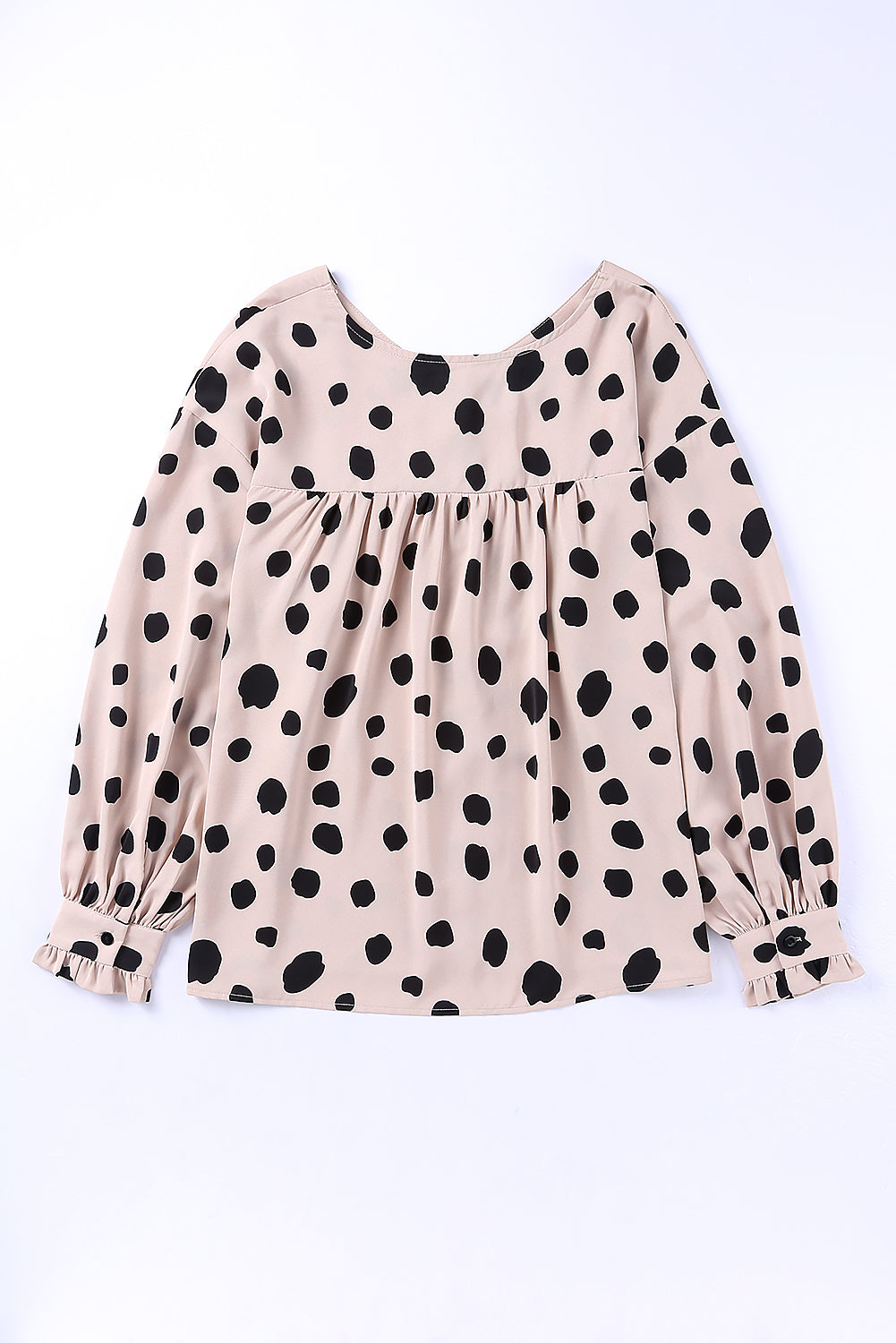 Dotted Buttoned V-Neck Frilled Puff Sleeve Blouse