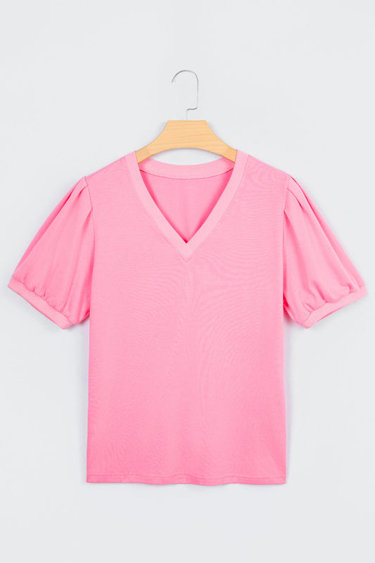 Solid V-Neck Short Puff Sleeve Blouse