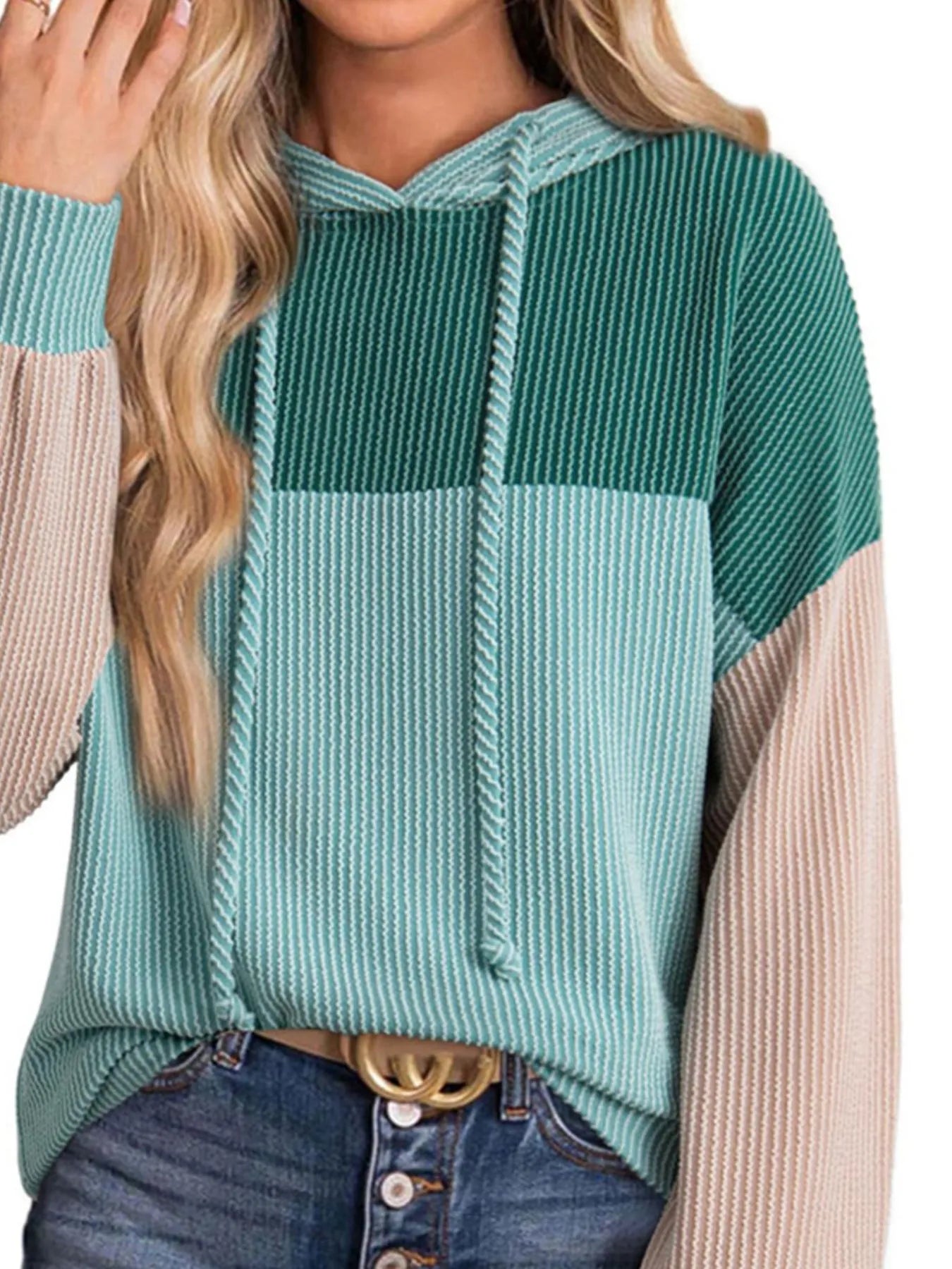 Women Drawstring Color Block Long Sleeve Hoodie
