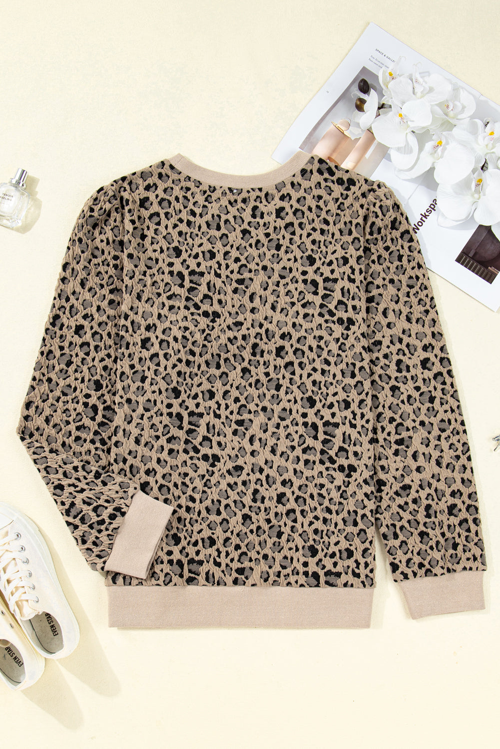 Plus Size Leopard Textured Long Sleeve Top