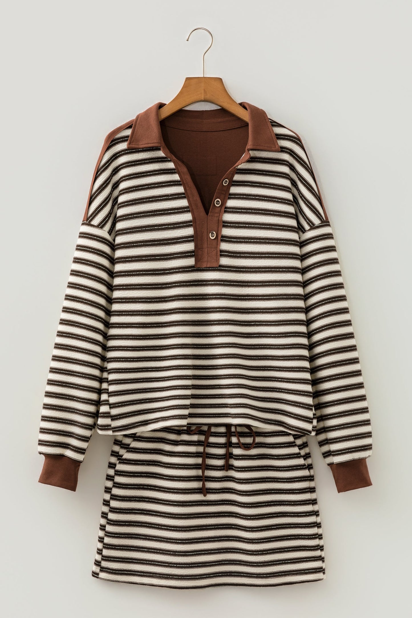 Stripe Buttoned Polo Collar Top & Mini Skirt Set