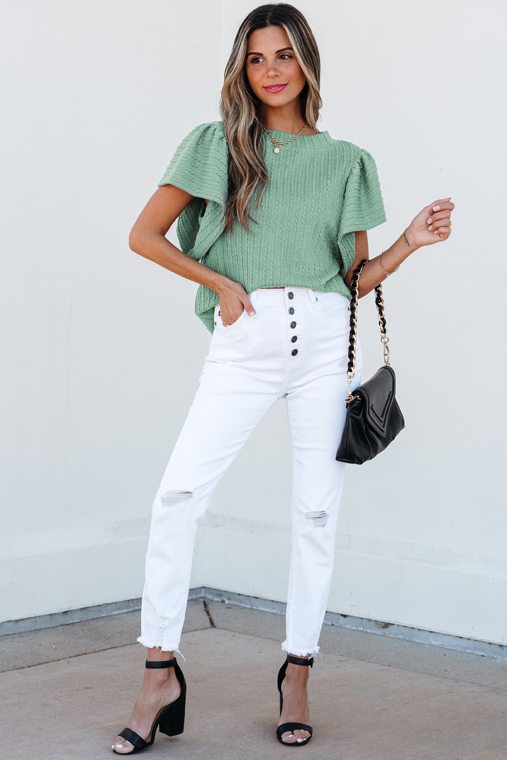 Solid Cable Textured Flutter Sleeve Top