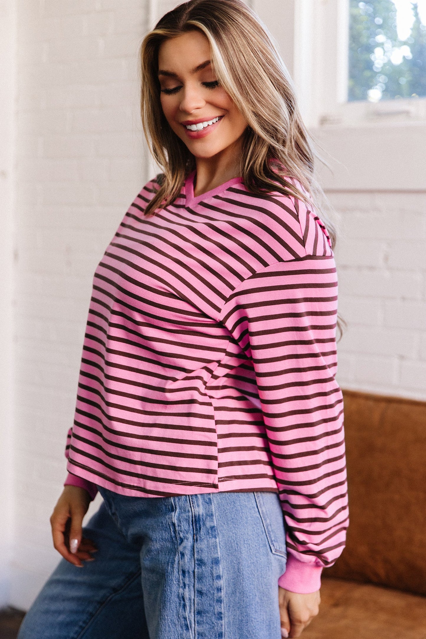 Stripe V-Neck Drop Shoulder Long Sleeve Top
