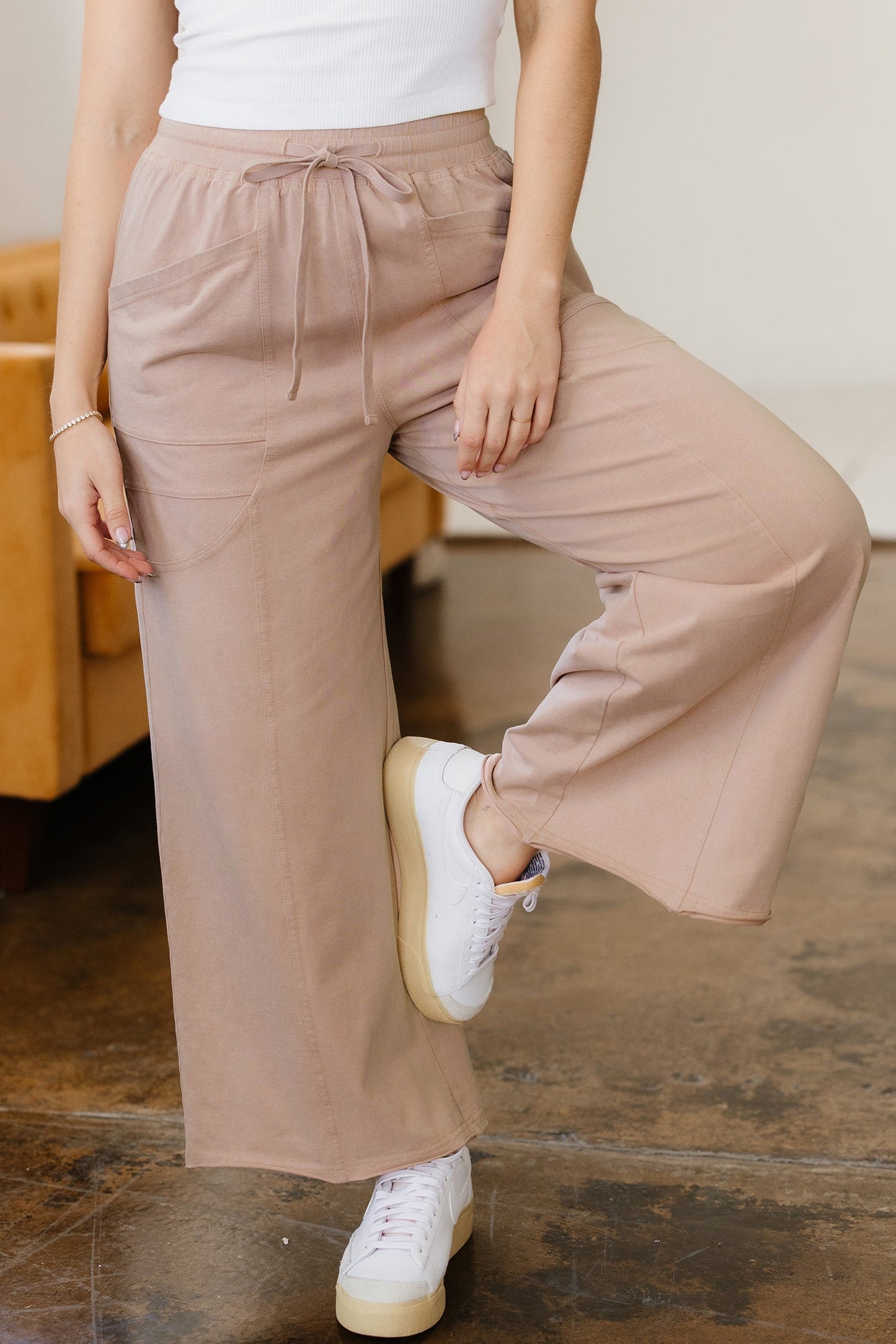 Solid Pocketed Mineral Wash Wide Leg Pants