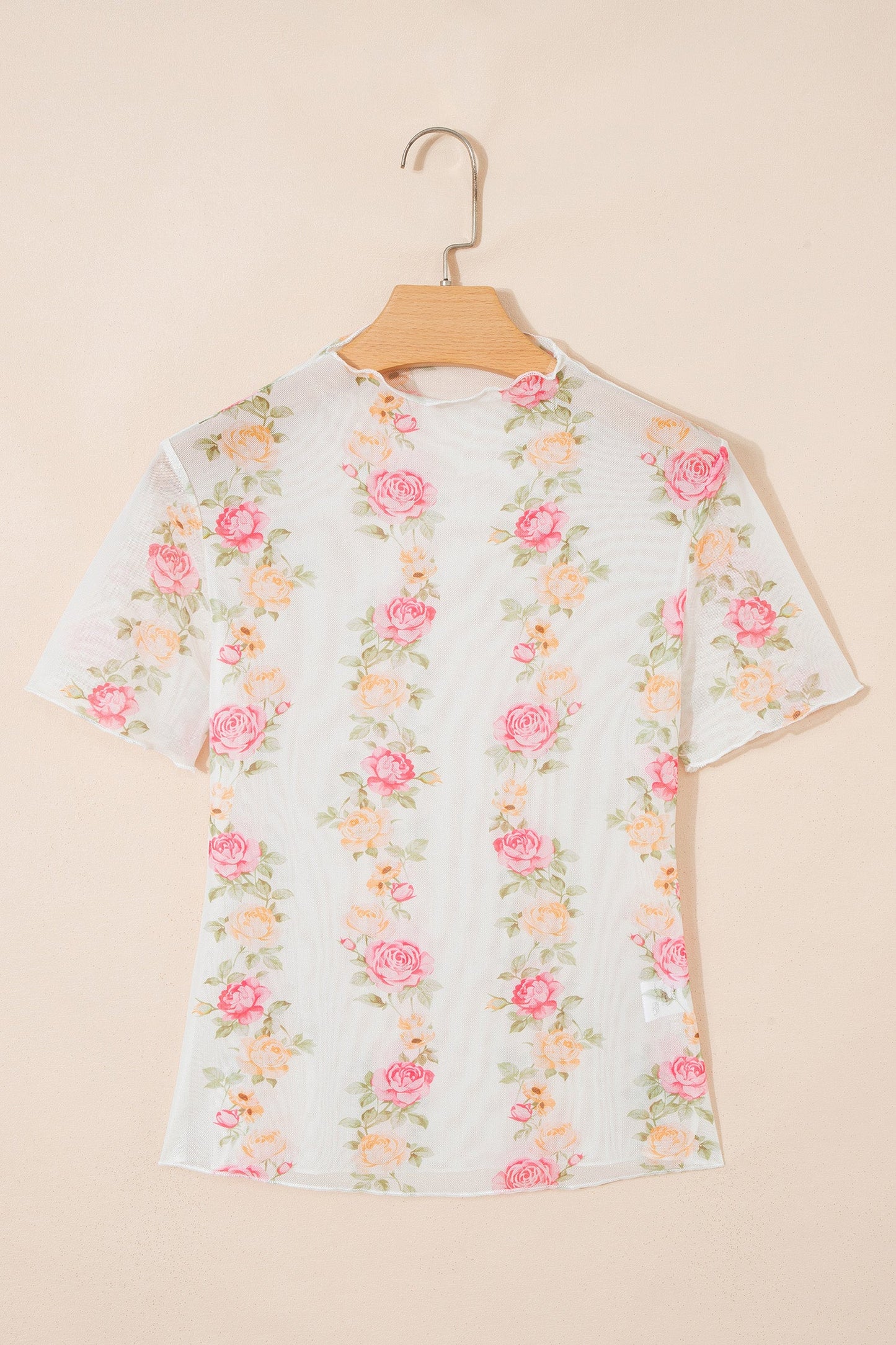 Floral Mesh Mock Neck Short Sleeve Top