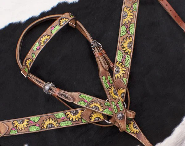 Showman ® Hand Painted Sunflower Halves and Cactus Browband Headstall and Breast collar Set