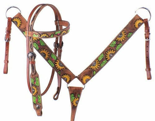 Showman ® Hand Painted Sunflower Halves and Cactus Browband Headstall and Breast collar Set