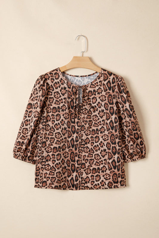 Leopard Bow-Tie Puff Sleeve Blouse