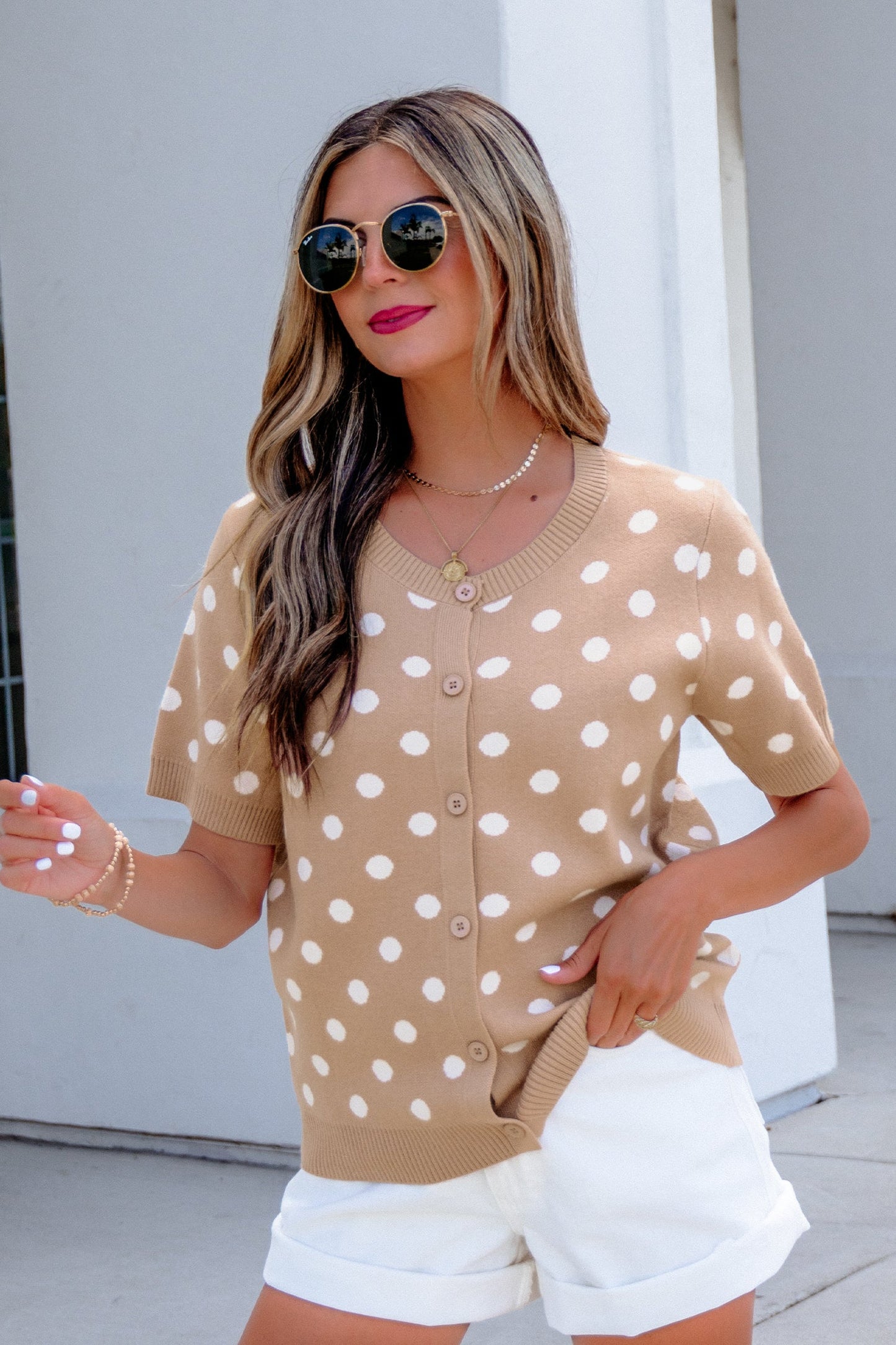 Polka Dot Short Sleeve Buttoned Sweater Cardigan