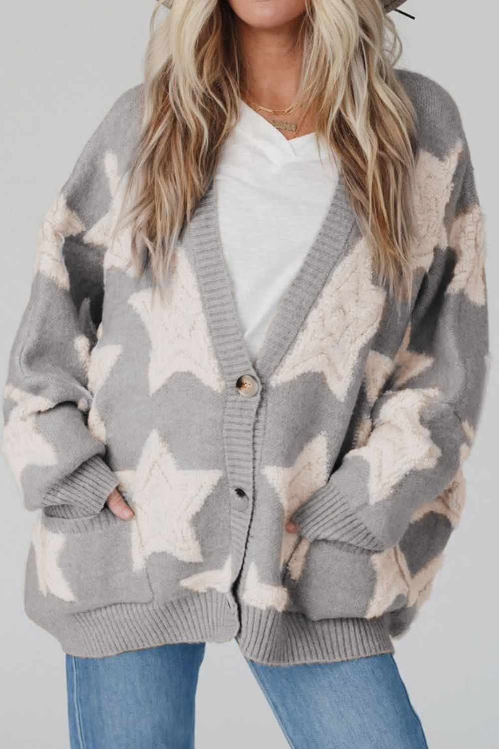 Women Star Button Up Long Sleeve Cardigan