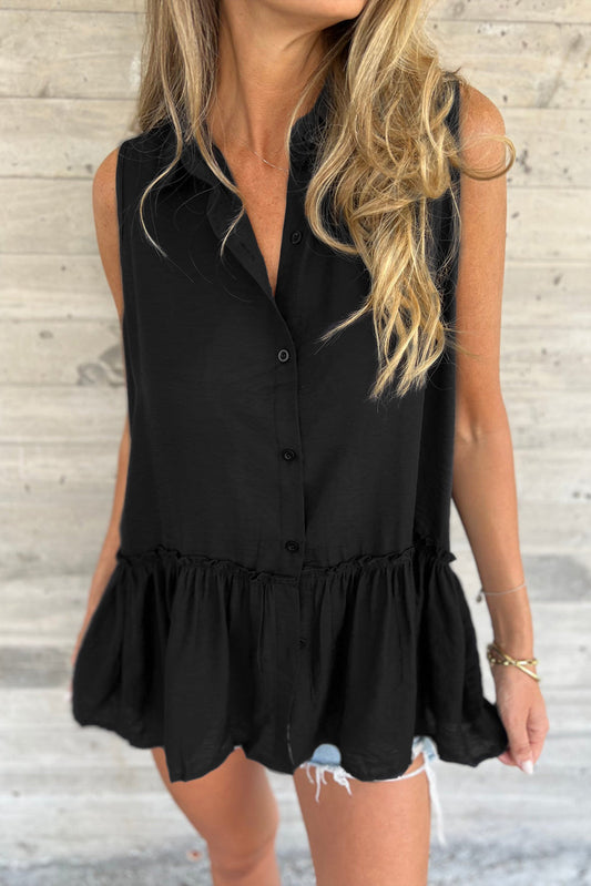 Ruffle Hem Sleeveless Buttoned Shirt