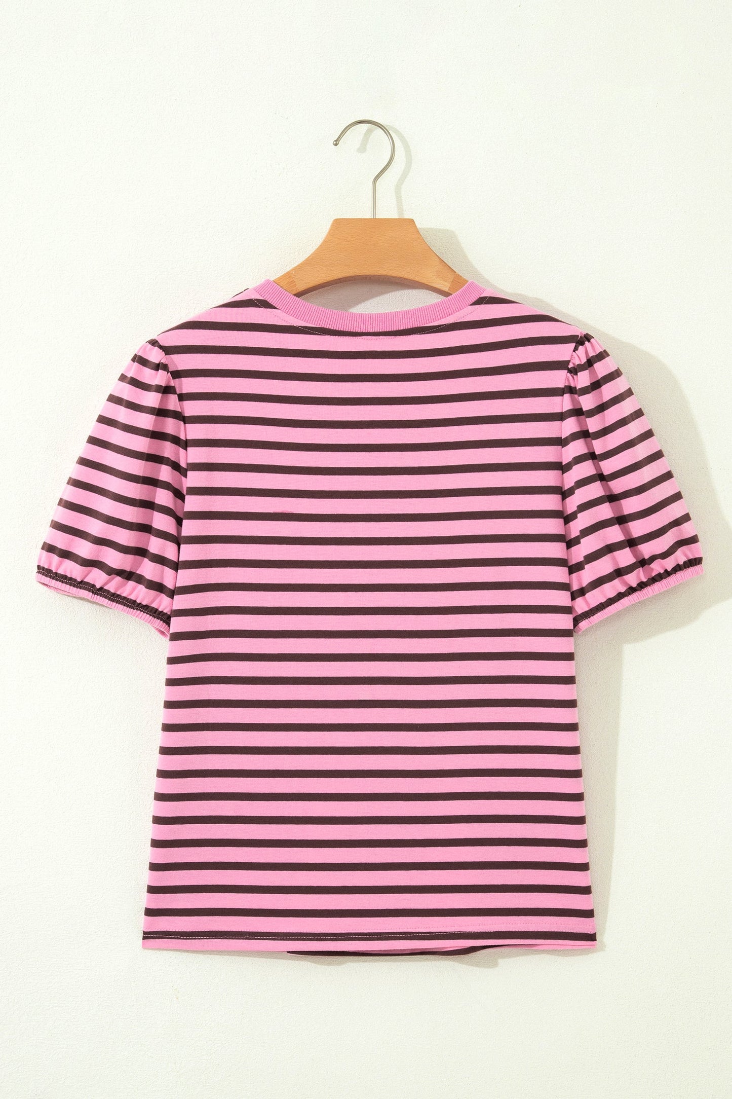 Stripe Ribbed Trim V-Neck Puff Sleeve Top
